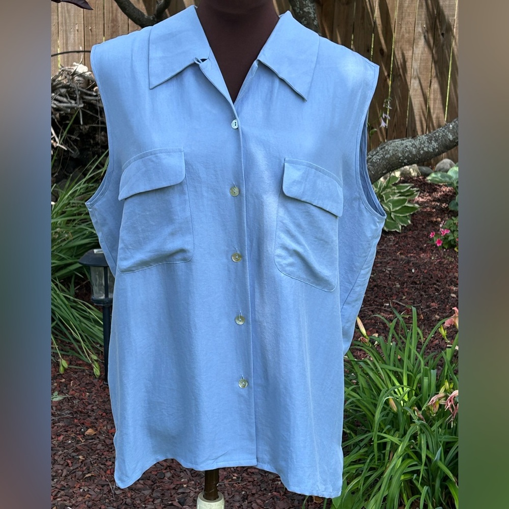 SILK ESSENTIALS sXL💯silk shirt-patch pockets-Slvls-cool/comfy-sky blue-looks NEW